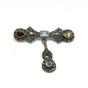 Vintage Sterling, Marcasite, Gemstone Brooch